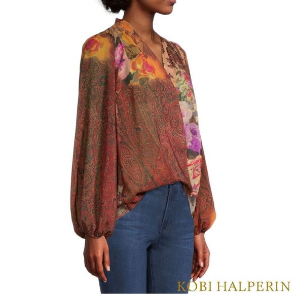 KOBI HALPERIN **NWT** Cleo Paisley-Print Blouson-Sleeve Blouse in Papaya Multi - Picture 6 of 15